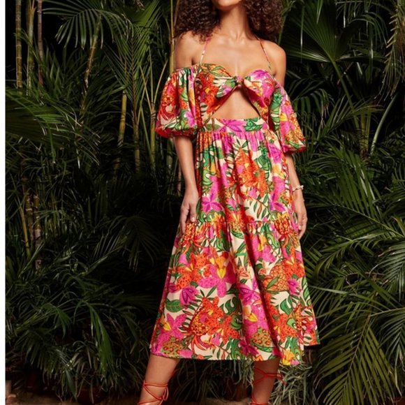 tie neck off shoulder puff sleeve cutout tropical print dress vacay summer cute - Picture 6 of 7